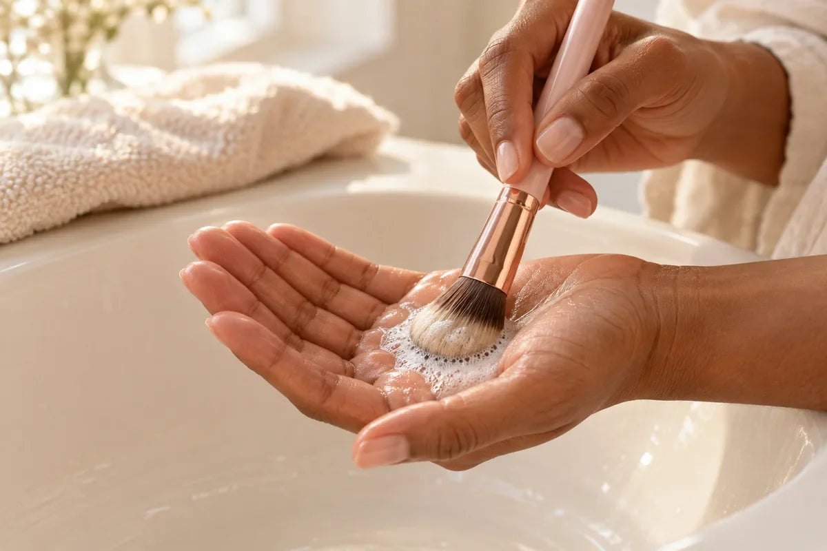 Make-upkwast wordt voorzichtig met een kleine hoeveelheid reiniger in de handpalm gewassen.