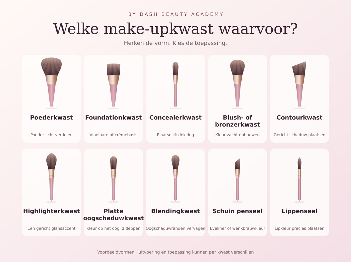 Visueel overzicht van tien make-upkwasten met Nederlandse namen en hun toepassing.