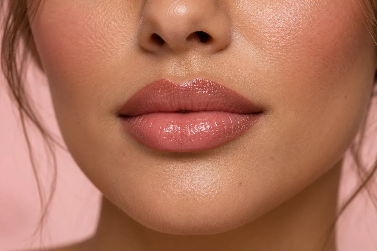 Close-up van lipgloss met een zacht vervaagde bruine lipliner.