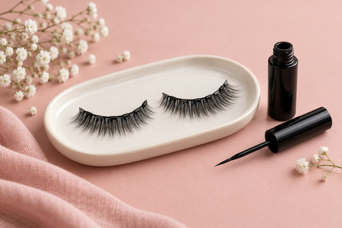 Illustration magnetischer Wimpernbänder mit kleinen Befestigungspunkten und einem Eyeliner