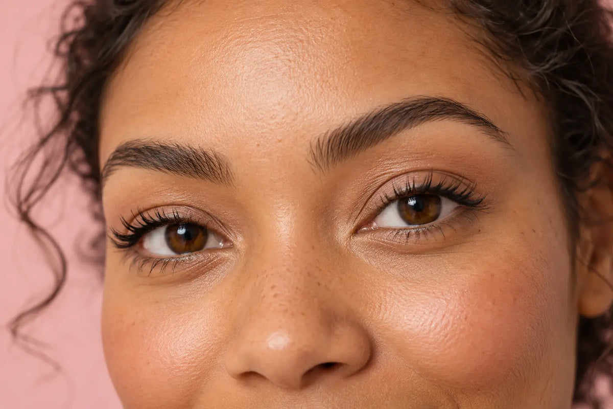 Close-up van een zachte ooglook met mascara en gescheiden wimpers.