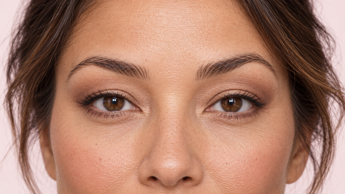 Illustratieve close-up van overhangende oogleden met zachte bruine oogschaduw, dunne eyeliner en luchtige wimpers.