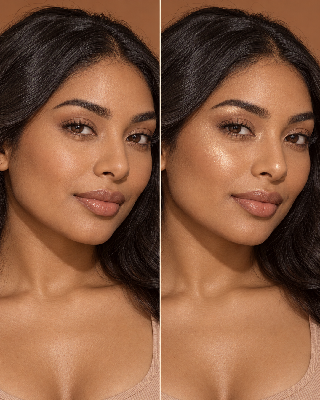 Make-upbeeld met subtiele en intensere glow op medium huid