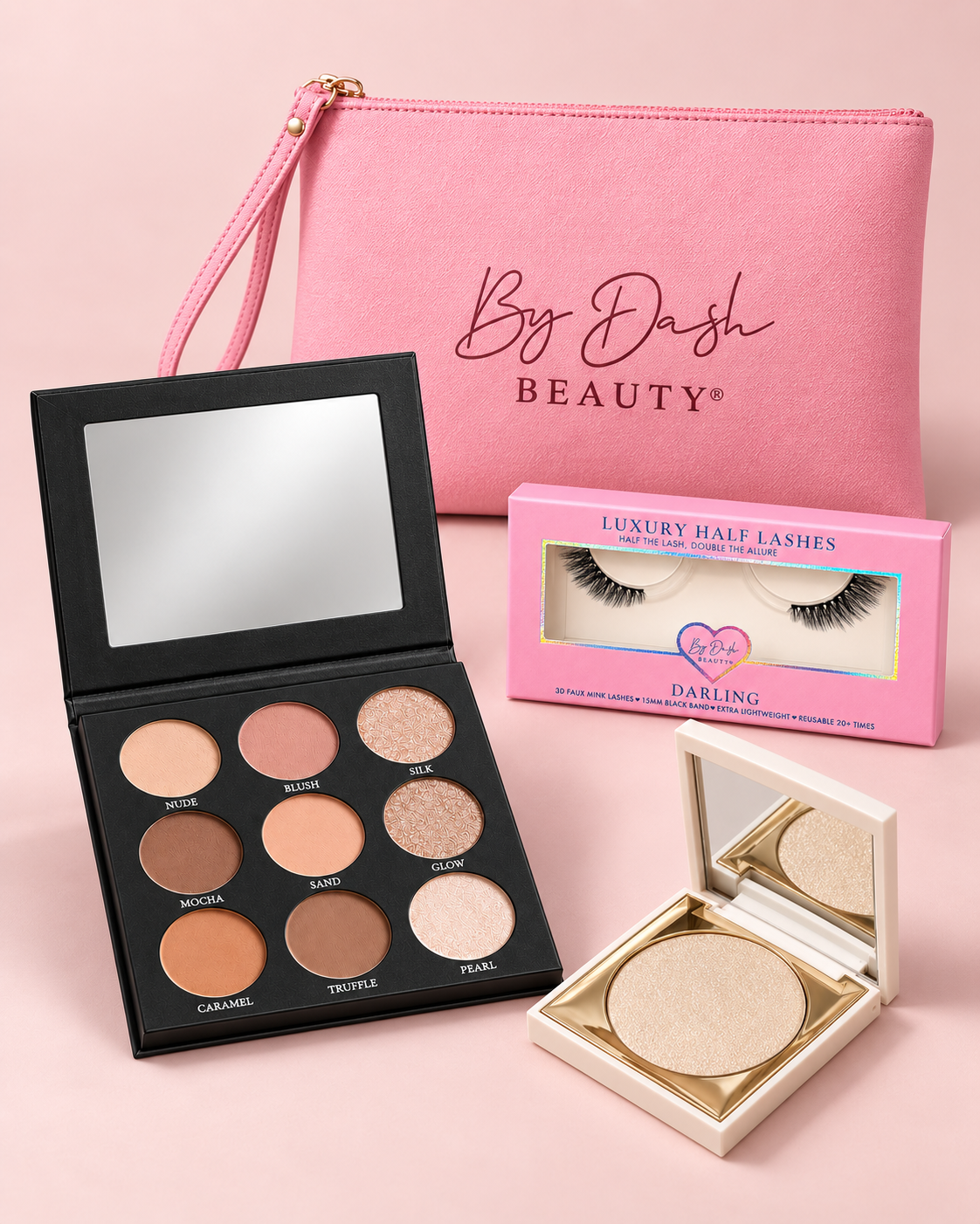 Birthday Bundle met palette, Diamond Dust, Darling half lashes en roze Beauty Clutch