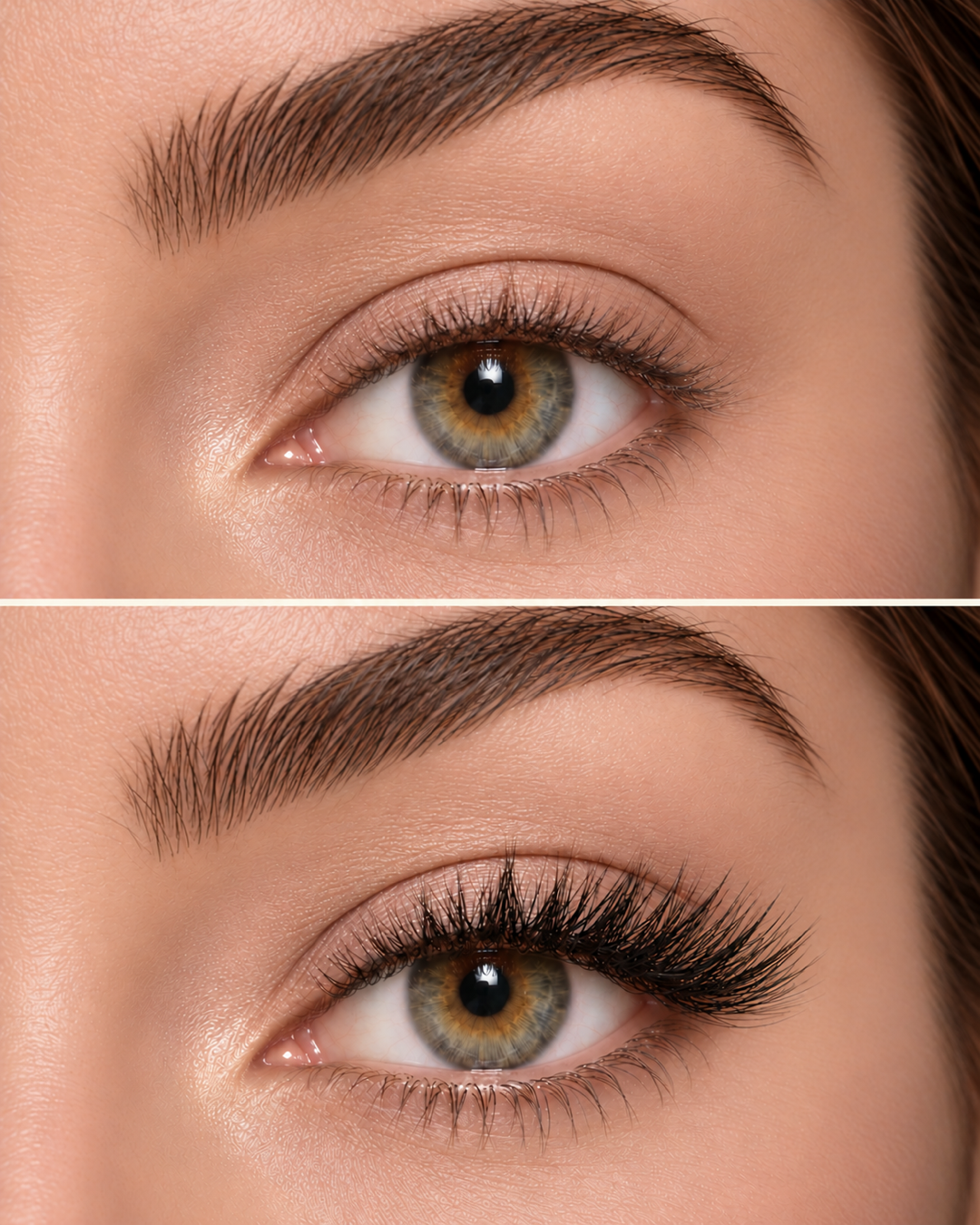 Darling half lashes — AI-visualisatie zonder en met kunstwimpers