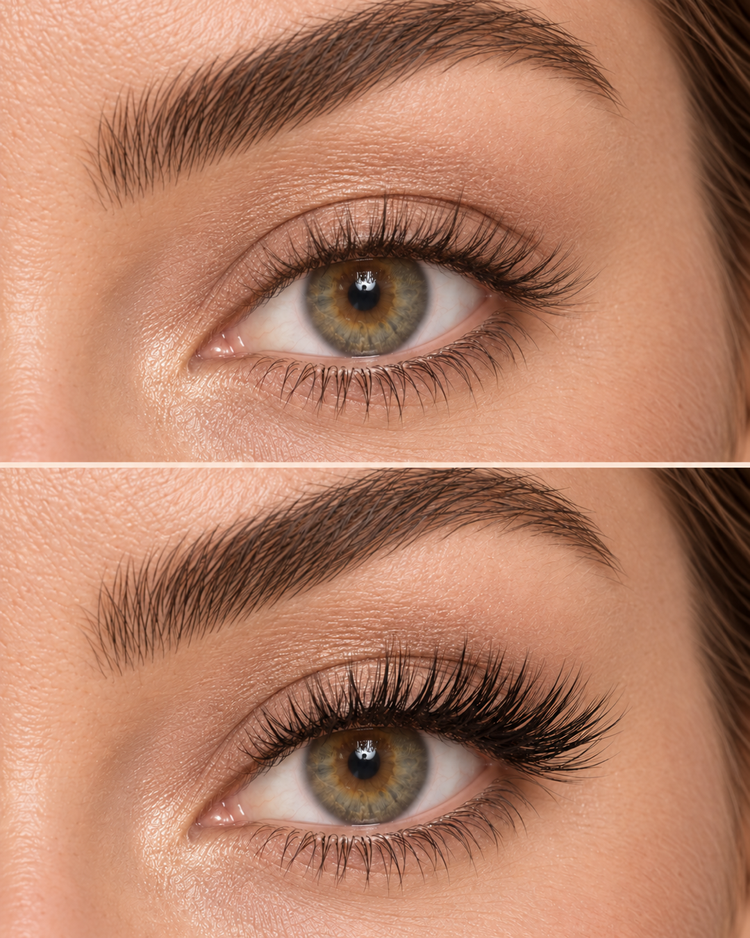 Main Character half lashes — AI-visualisatie zonder en met kunstwimpers
