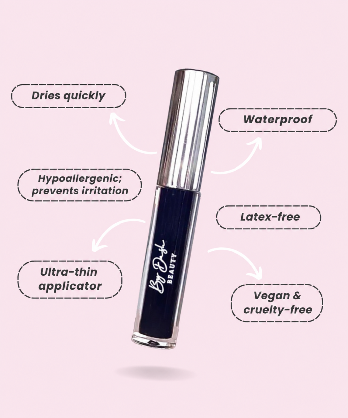 By Dash Beauty — black glue callouts, English product information.