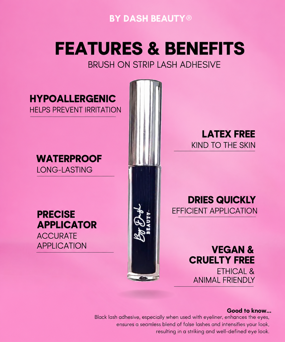 By Dash Beauty — black glue features, English product information.