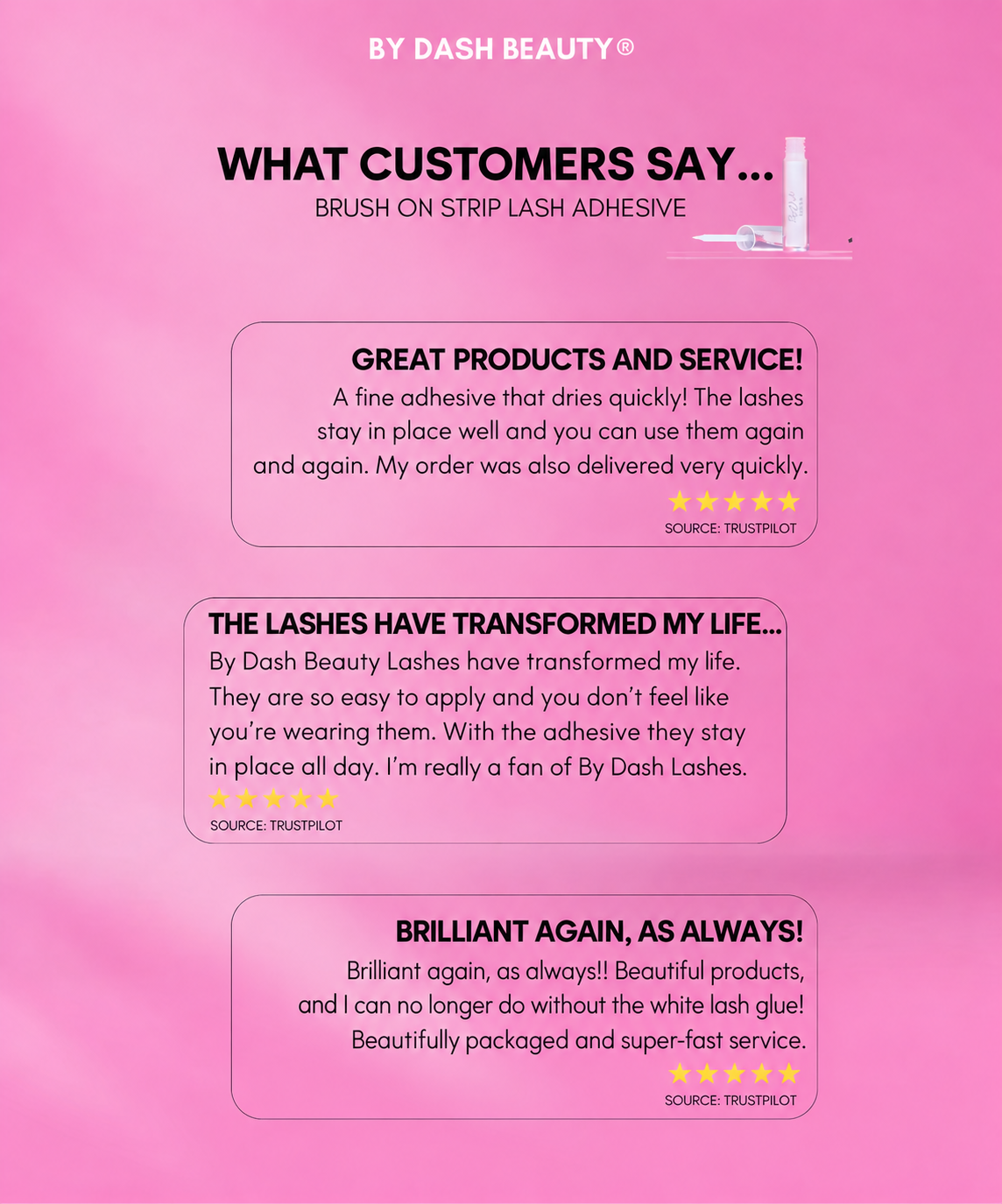 By Dash Beauty — glue reviews, English product information.