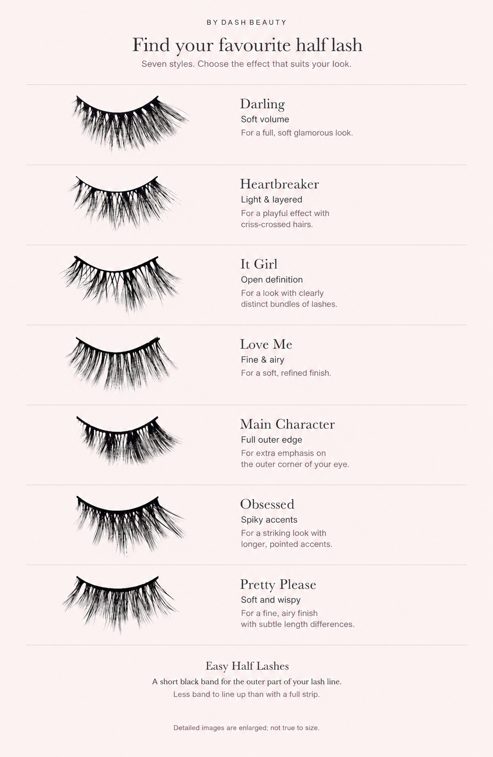 By Dash Beauty — half lash style guide, English product information.