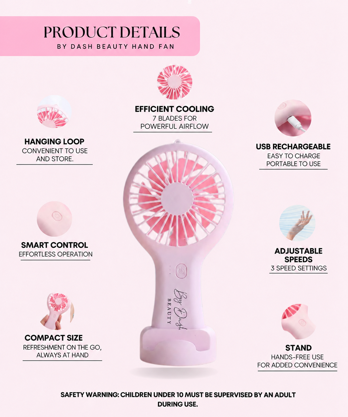 By Dash Beauty — hand fan details, English product information.