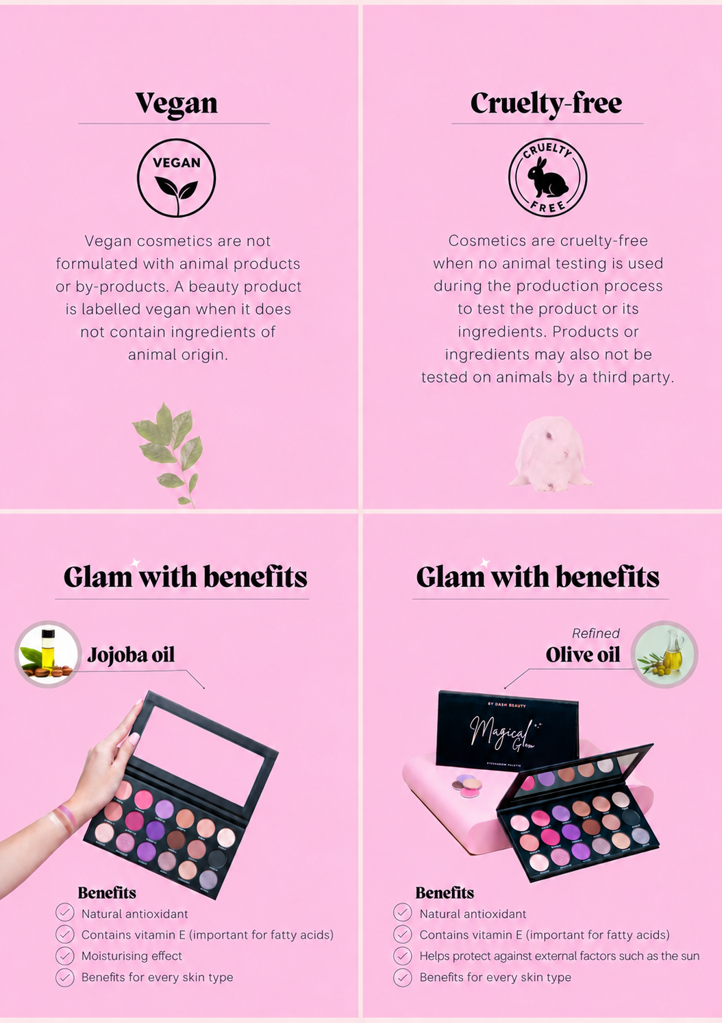 By Dash Beauty — palette benefits, English product information.