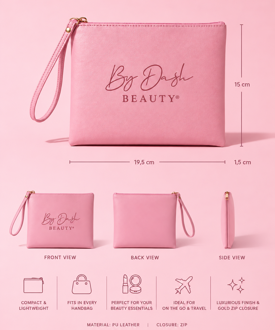 By Dash Beauty — pink clutch details, English product information.