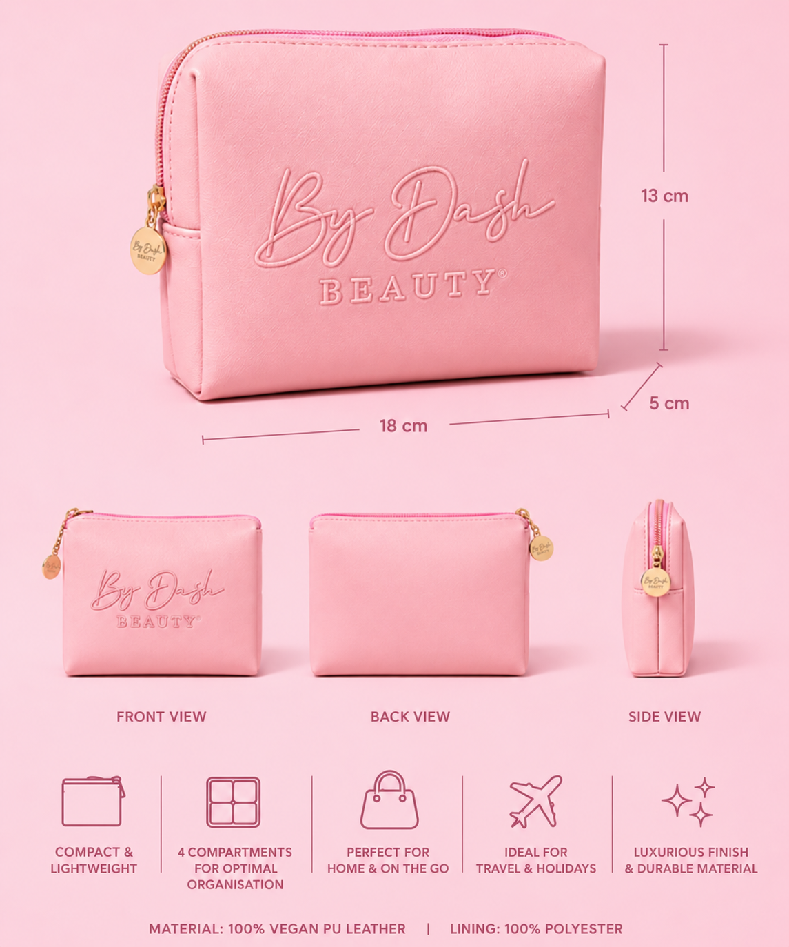 By Dash Beauty — pink makeup bag details, English product information.