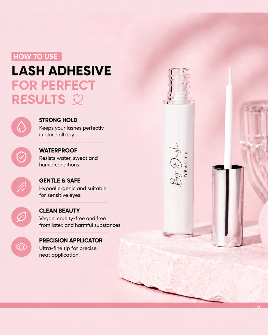 By Dash Beauty — white glue benefits, English product information.