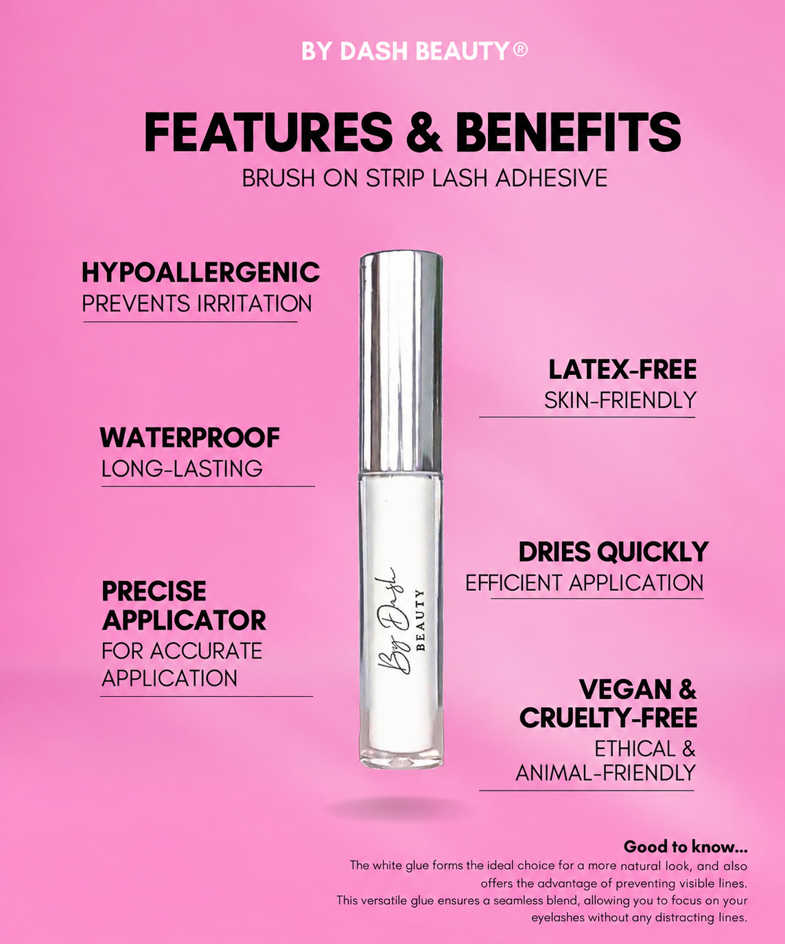 By Dash Beauty — white glue features, English product information.