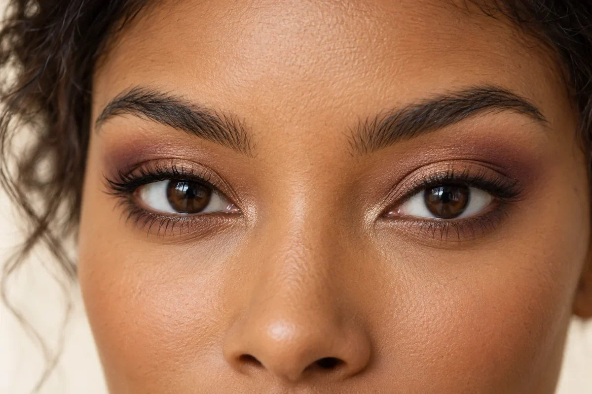 Voorbeeldlook bij bruine ogen met zachte bronzen oogschaduw en een pruimkleurige buitenhoek.