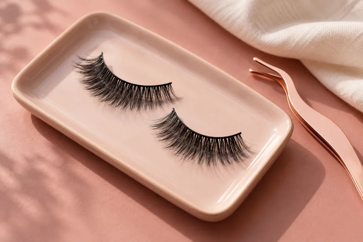 Twee losse stripwimpers op een lichtroze schaaltje met een wimperapplicator ernaast.