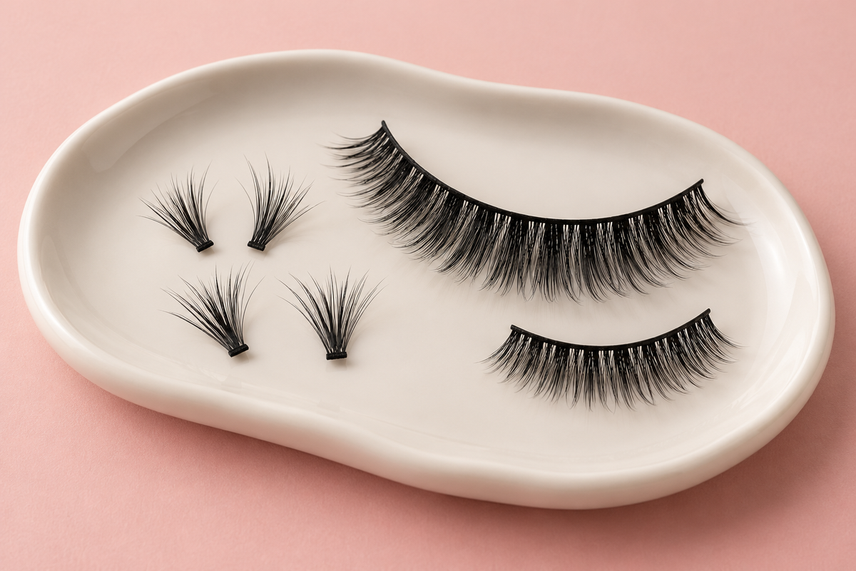 Illustrativer Vergleich einzelner Wimperncluster, eines vollständigen Wimpernbands und einer Halbwimper