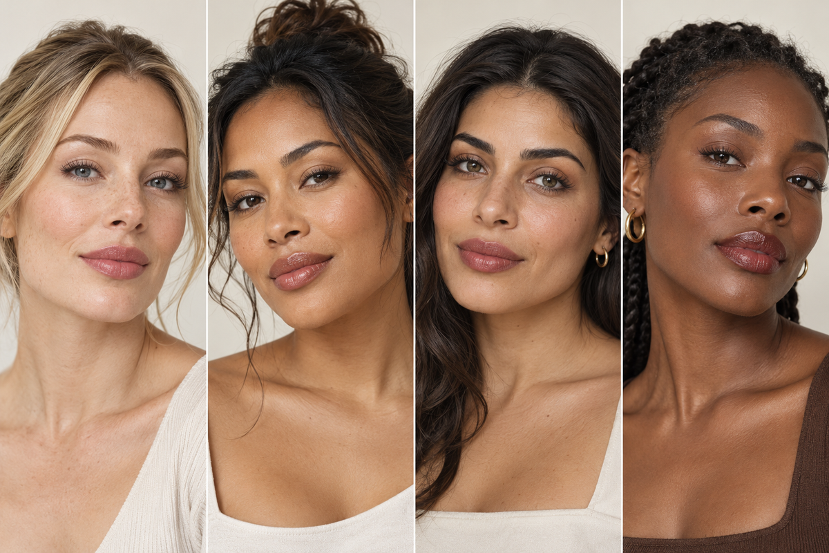 Vier kleurinspiraties met roze nude, warmbruin, rozenhout en berry op modellen met verschillende huidtinten.