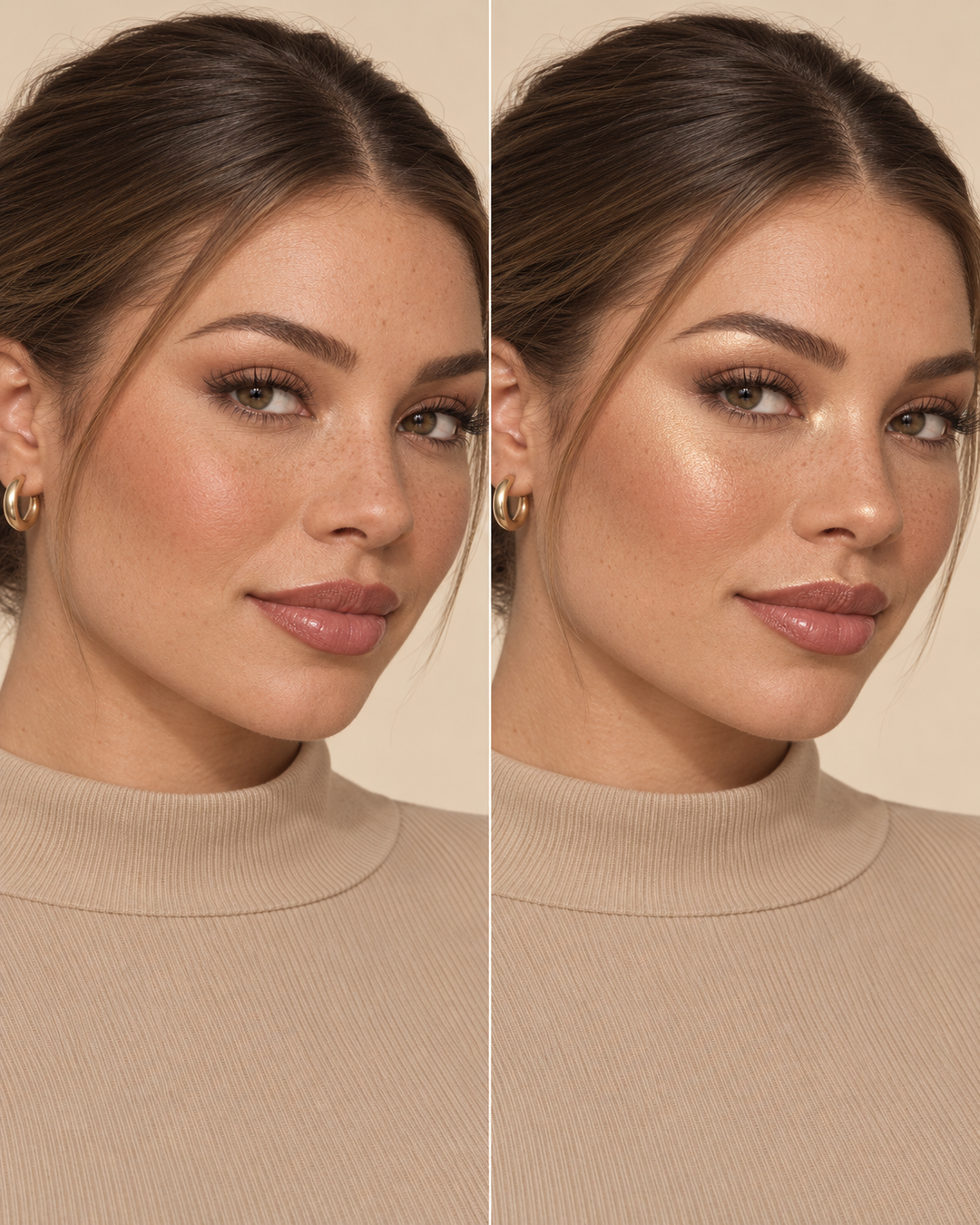 Make-upbeeld met subtiele en intensere glow op lichte huid