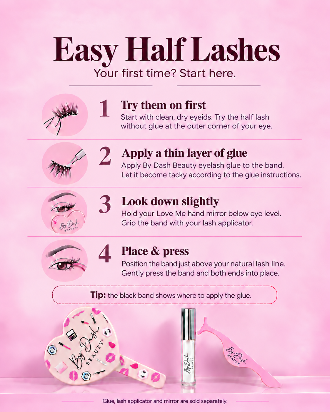 By Dash Beauty — half lashes instructions, English product information.