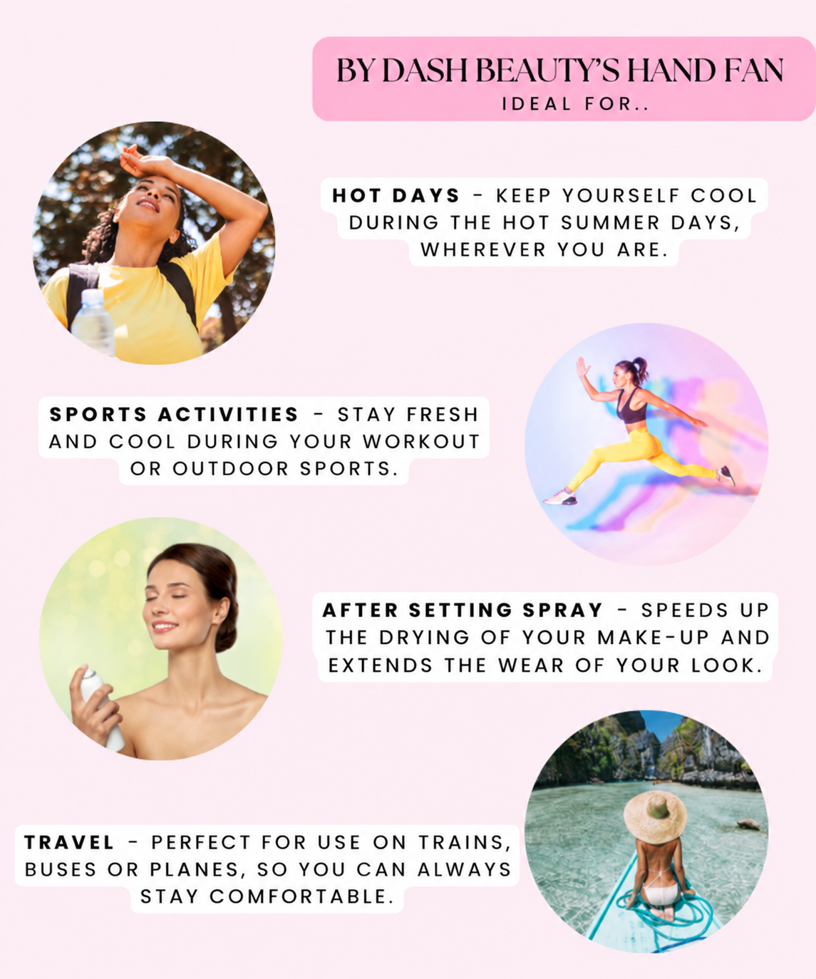 By Dash Beauty — hand fan uses, English product information.