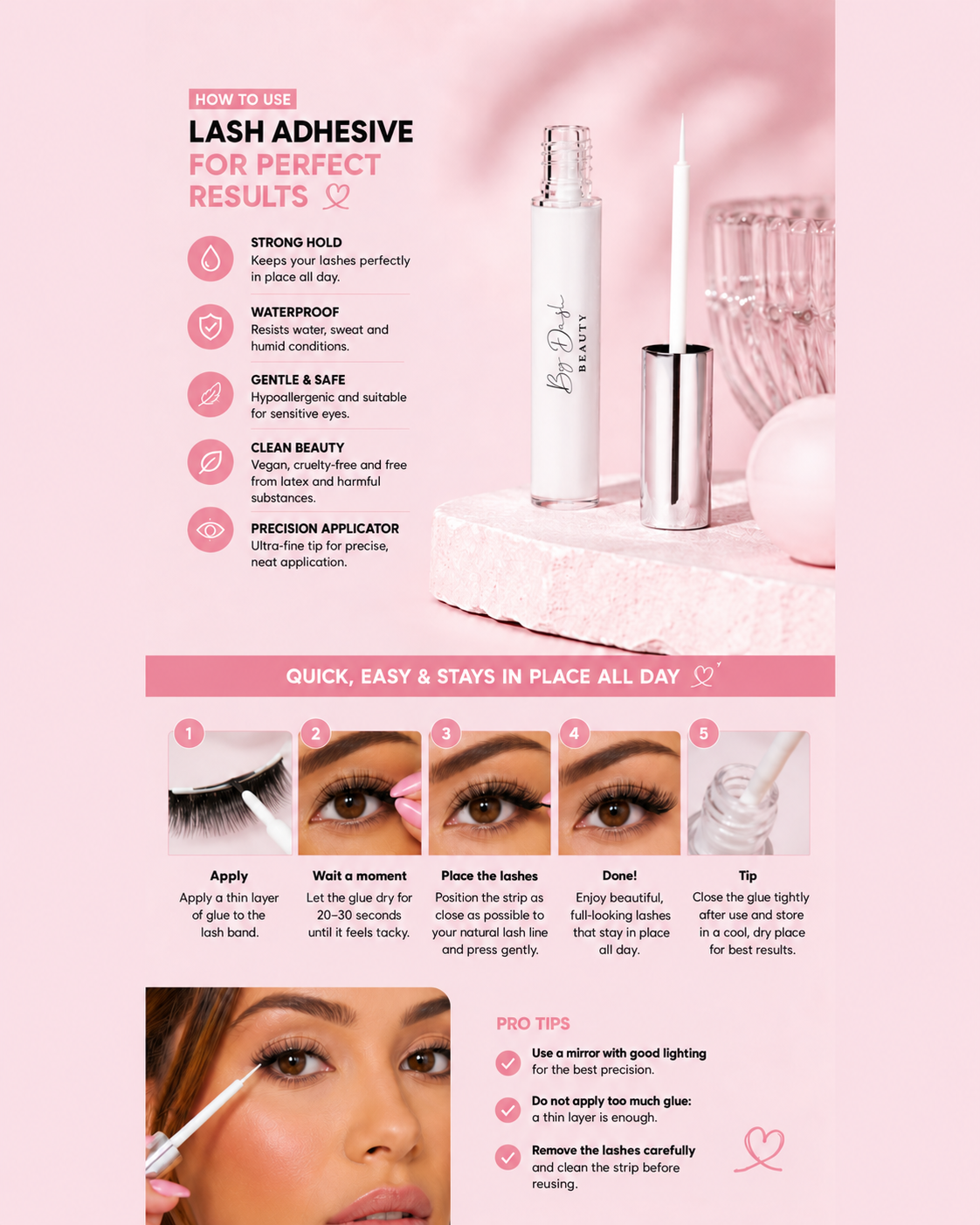 By Dash Beauty — white glue how to, English product information.