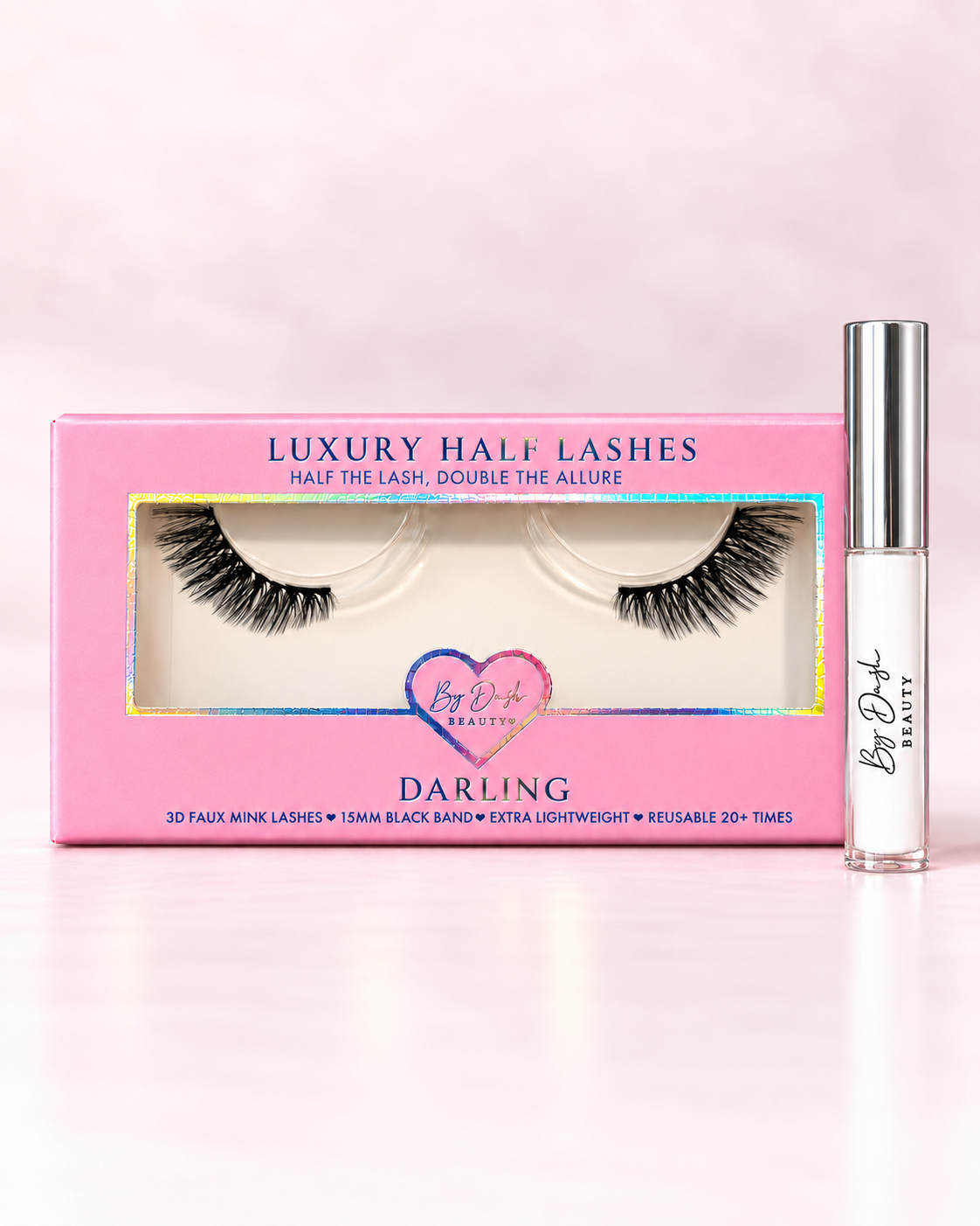 Lash + Glue Duo afgebeeld met Darling half lashes en witte wimperlijm; wimperstijl naar keuze