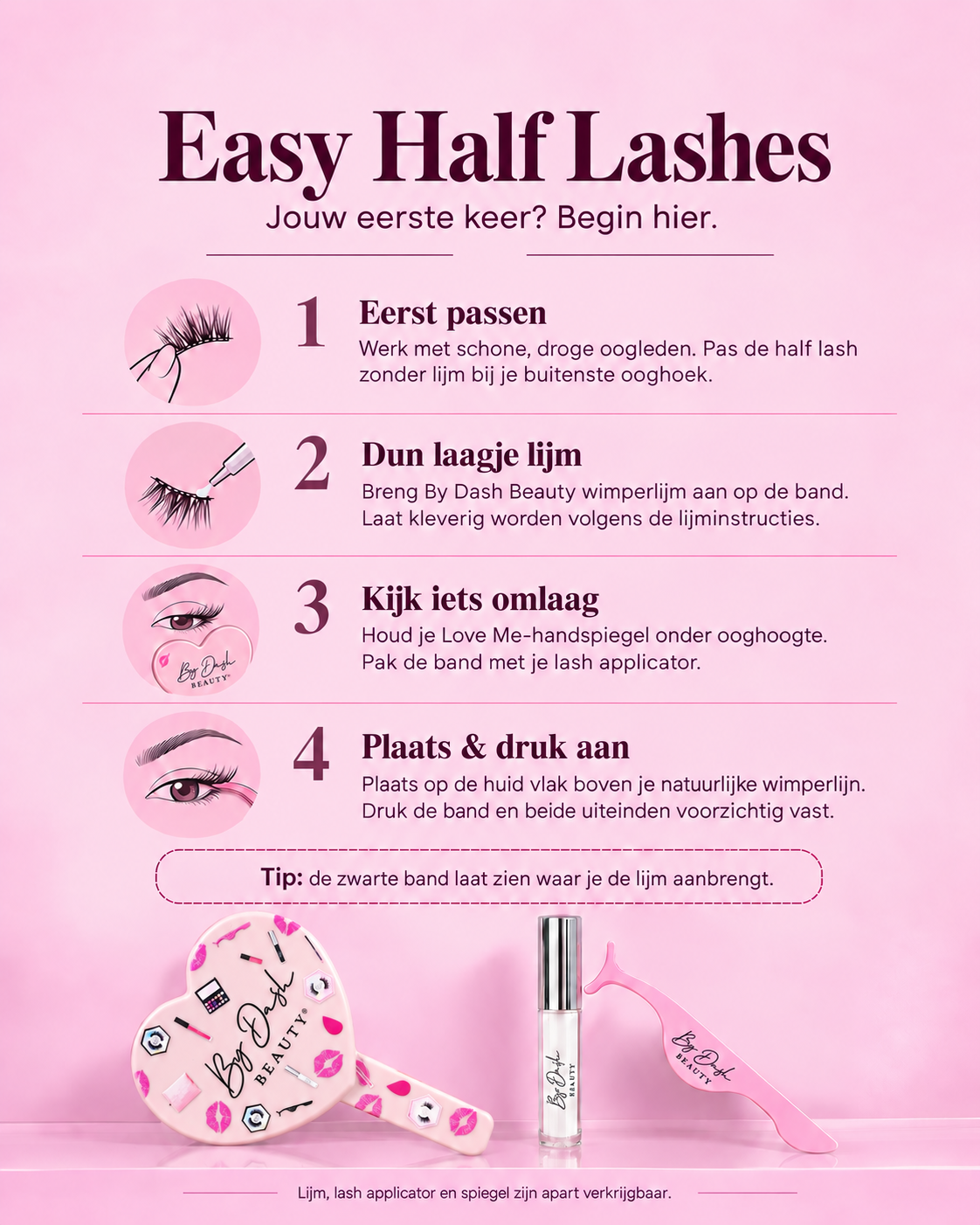 Half lashes aanbrengen in vier stappen met By Dash Beauty wimperlijm, lash applicator en Love Me-handspiegel