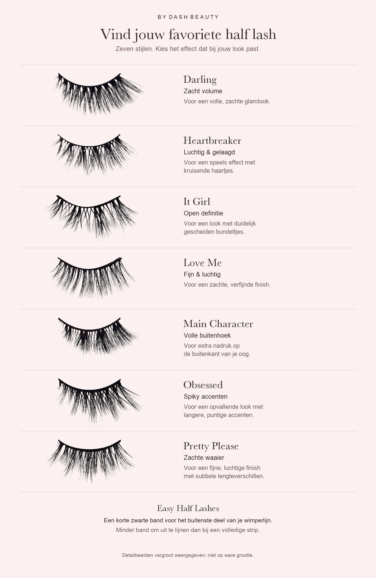 Keuzehulp voor zeven half-lashstijlen: Darling, Heartbreaker, It Girl, Love Me, Main Character, Obsessed en Pretty Please